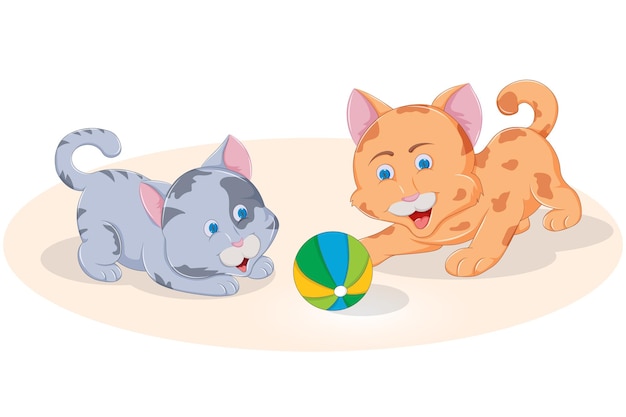 Two pretty cats are playing with colorful ball