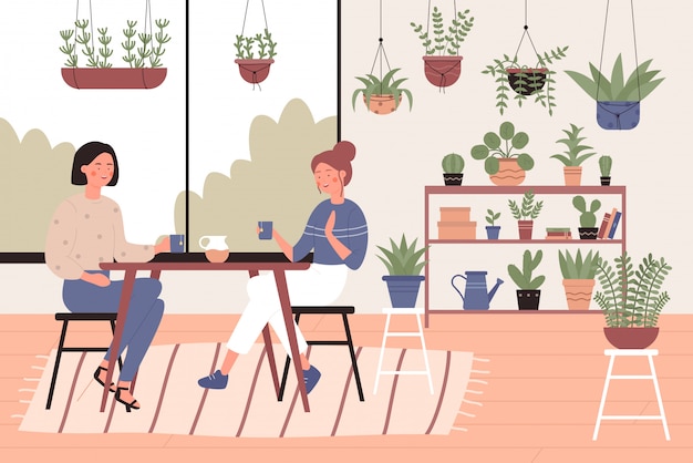 Two pretty women drink tea in eco cafe flat character illustration concept