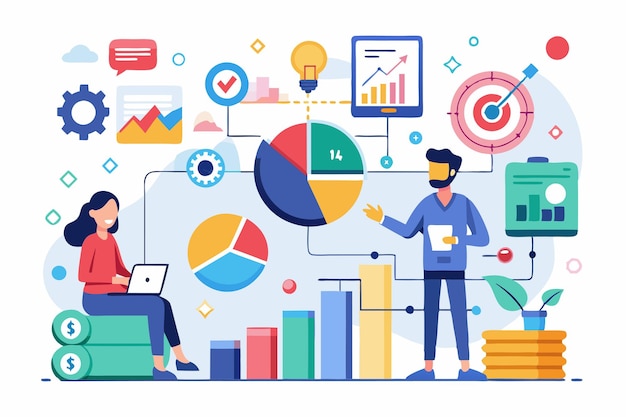 Two professionals analyze business diagrams discussing data trends while using graphs and charts Business diagram analysis illustrated in a flat style