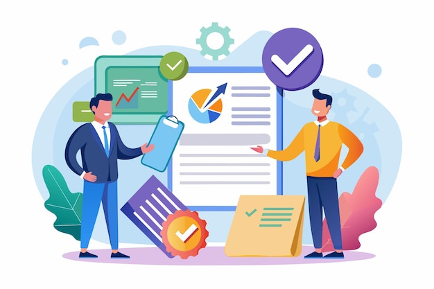 Vector two professionals engage in a discussion about contract approval and business strategy surrounded by charts and documents in a modern office setting