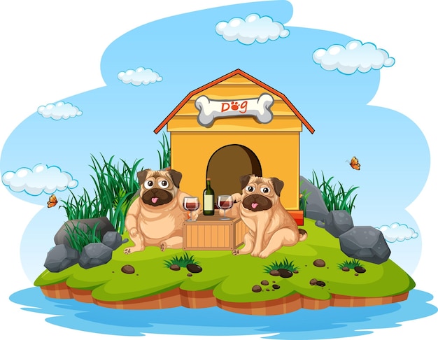 Two pugs drinking wine by the doghouse