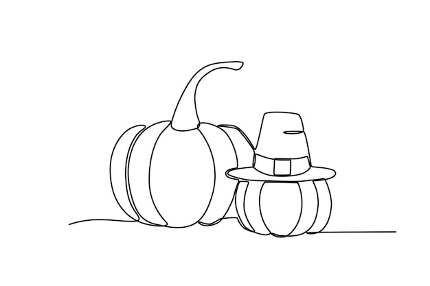 Two pumpkins with hats as decorations Thanksgiving oneline drawing