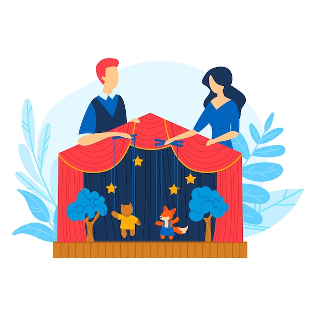 Vector two puppeteers control marionettes on stage a fox and a bear under a red curtain children s puppet