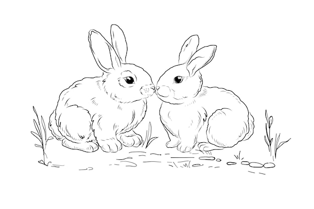 Two rabbits are sitting opposite each other. A set with cute rabbits on the grass, hand-drawn