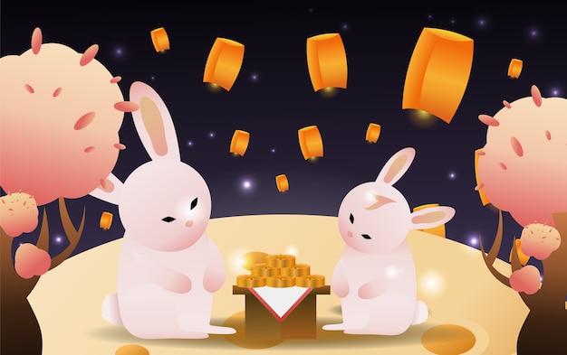 Two Rabbits eating moon cake on the moon wallpaper