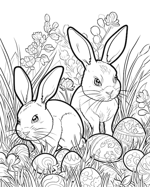 Vector two rabbits in a grass with easter eggs