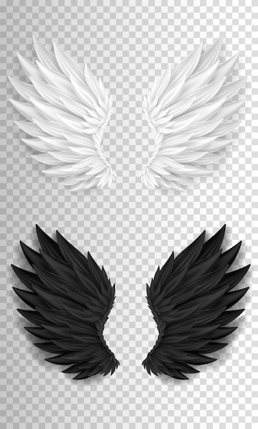 Two realistic wings isolated on transparent background. 3D white angel and dark devil, daemon wings