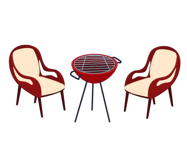 Two red armchairs facing each other with an empty grill in between outdoor furniture and barbecue