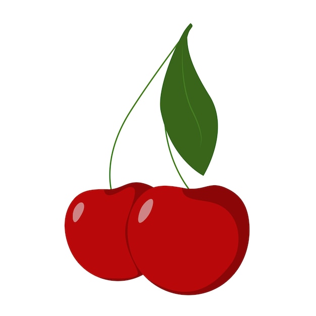 Two red cherries with a green leaf vector illustration in a minimalist style