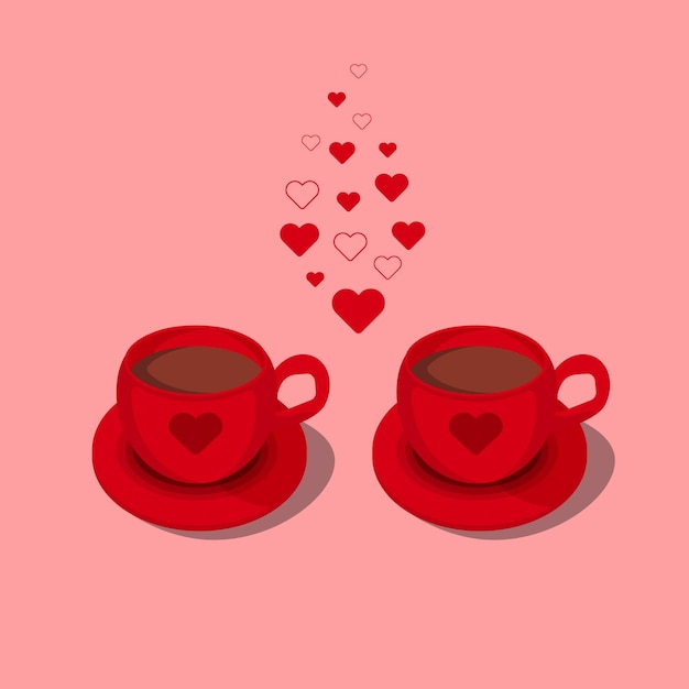 Two red cups of hot chocolate with heart ornament and steam like the shape of little hearts Love greeting card vector illustrations Isolated design elements