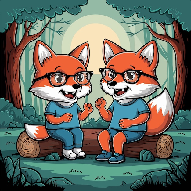 two red foxs sitting on a log in a forest