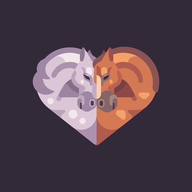 Two romantic horses in the shape of a heart. Valentine's Day flat illustration.