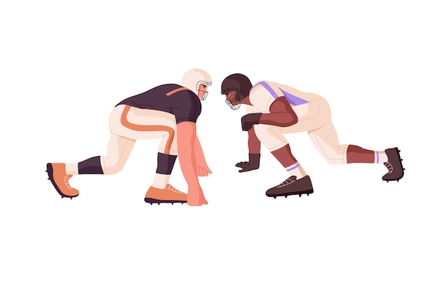 Two rugby players competitors in front of each other Athletes playing American football rivals struggling during sports game competition Flat vector illustration isolated on white background