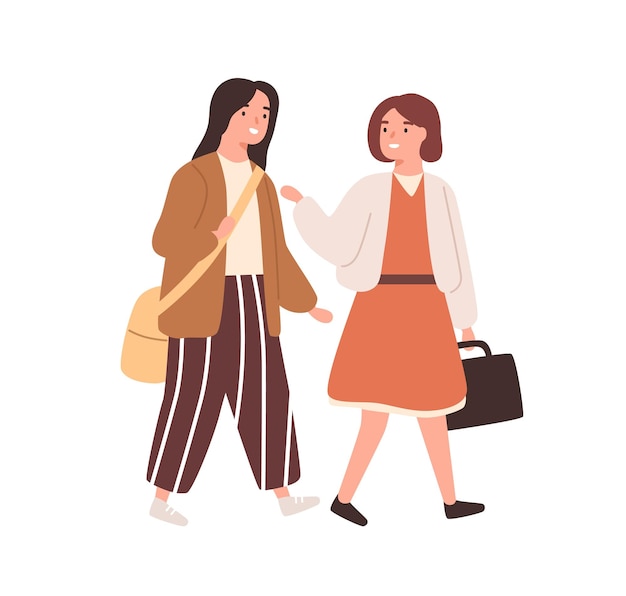 Two schoolgirl with bags going to primary school together vector flat illustration. Female classmates talking and smiling hurry to lesson isolated. Cheerful girls pupils enjoy friendly conversation.