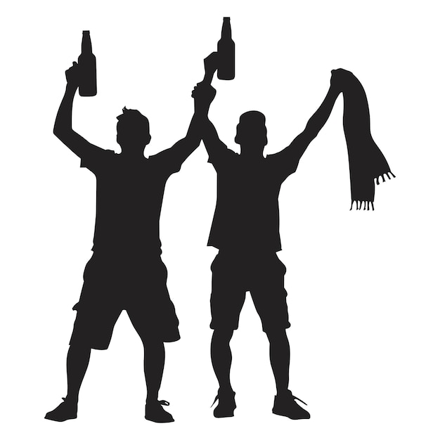 Vector two silhouette men celebrating with beer and scarf