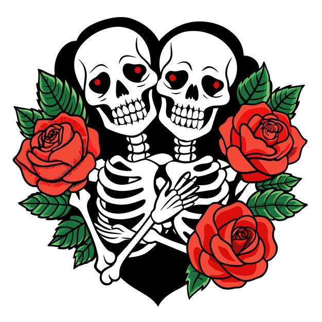 Vector two skeletons are posing with a skull and roses