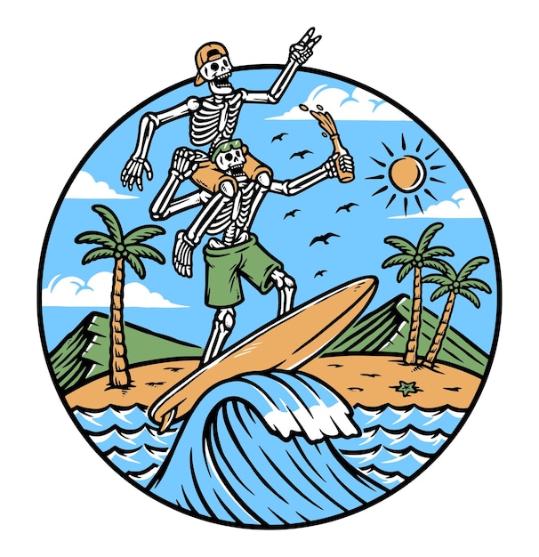 Two skull surfers on the beach