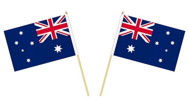 Two small Australian flags isolated on white background Mini flag of Australia on pole