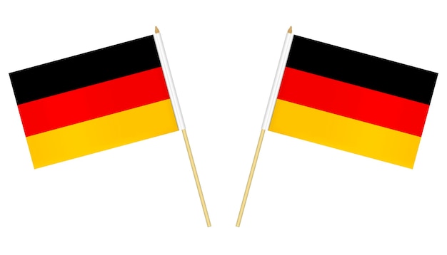 Two small German flags isolated on white background Flag of Germany on pole