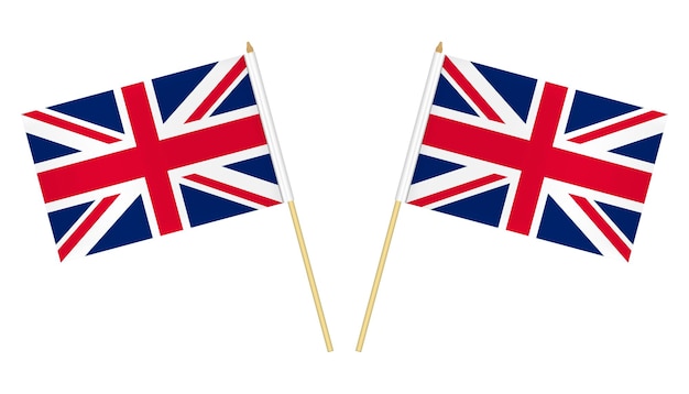 Two small United Kingdom flags isolated on white background Flag of Great Britain on pole