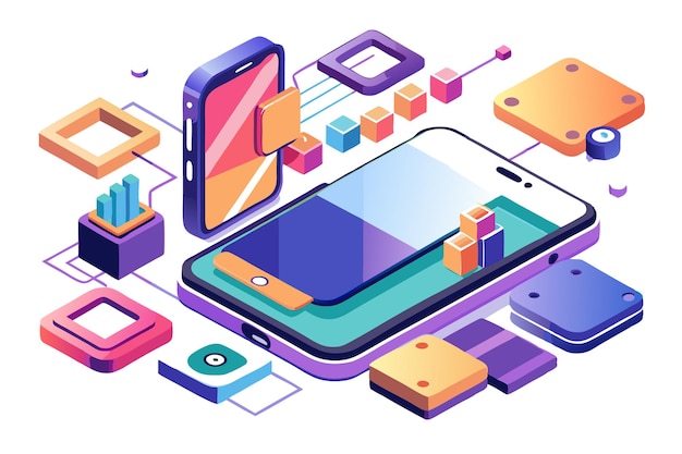 Two smartphones connected by abstract digital elements in an isometric illustration