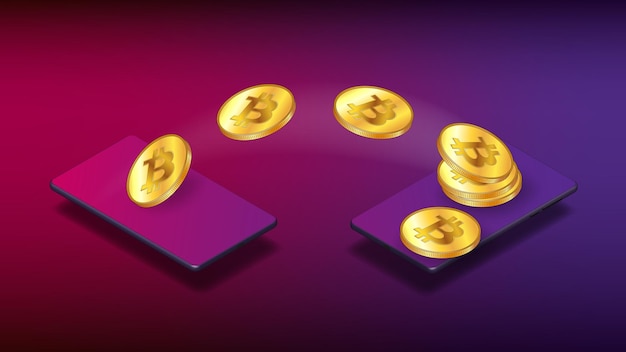 Two smartphones isometric and flying bitcoins from one to the other on purple background The concept of transferring BTC through the phone p2p