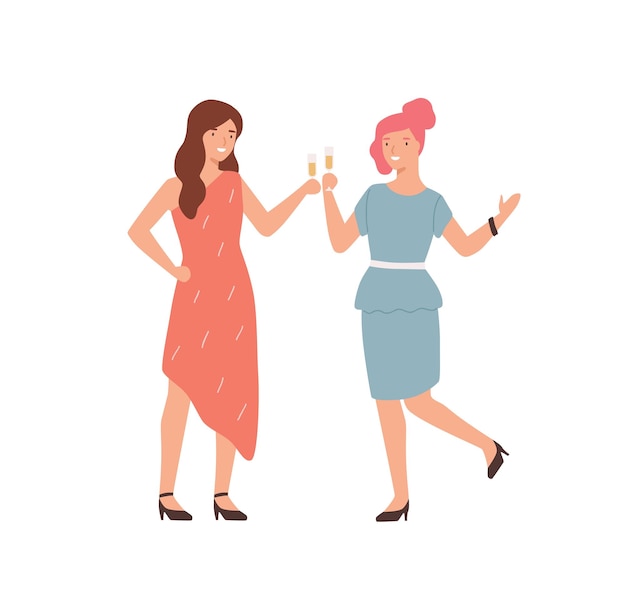 Two smiling female clinking glasses at corporate party vector flat illustration. Stylish young woman having fun together isolated on white. Colorful girl colleagues dancing and drinking champagne.