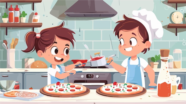 Two Smiling Little Children Cooking Pizza Together