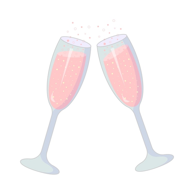 Two sparkling glasses of champagne with bubbles. Cheers icon. Vector illustration.