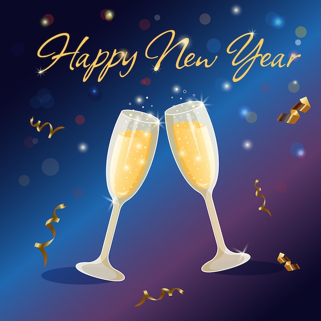 Two sparkling glasses of champagne with bubbles and serpentine. Happy New Year lettering. Colorful background with bokeh light.