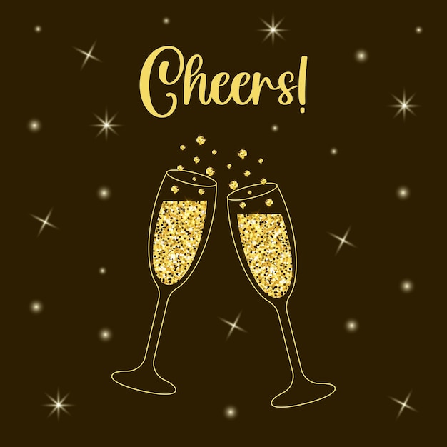 Two sparkling glasses of champagne with gold glitter. Cheers lettering. Dark background with star light.