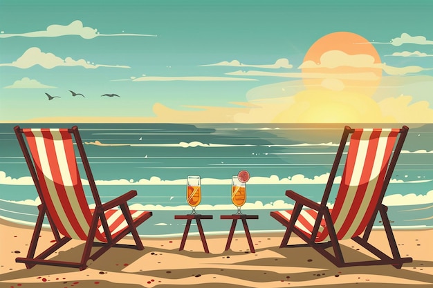 Vector two striped beach chairs on sand with drinks