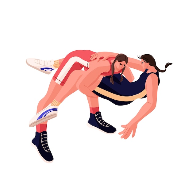 Two strong women fighters wrestling competing in freestyle sports battle Fight of female wrestlers Fighter attacking opponent Flat vector illustration of athletes isolated on white background