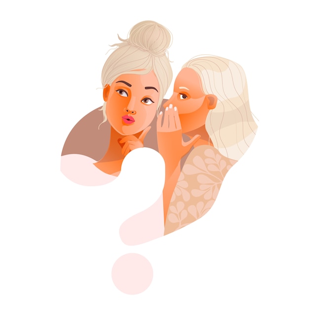 Two stylish model girls gossiping . Question mark. One excited blond girl whispers private secret or rumours to her friend. Pastel pale colors.