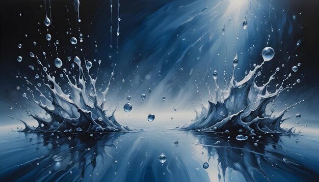 Vector two symmetrical splashes of water rise from a reflective surface with droplets frozen in motion against a blue background