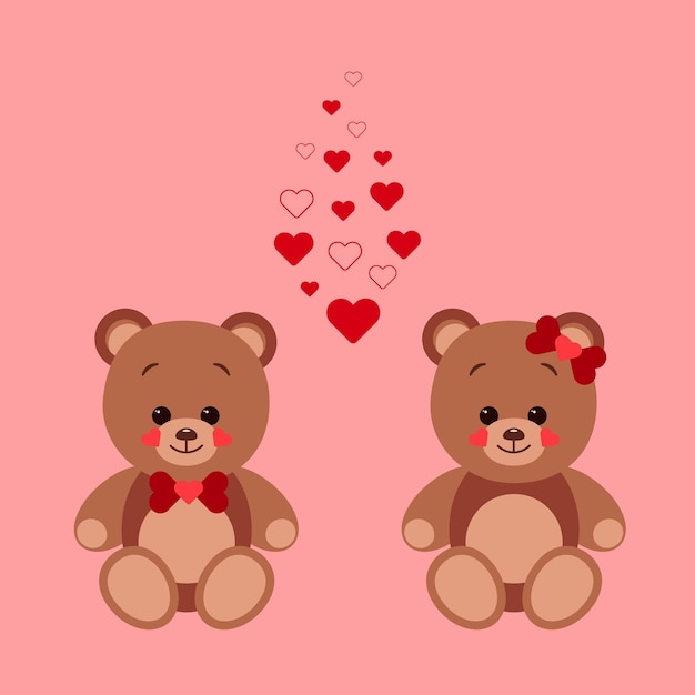 Two teddy bears in love sit between many little red hearts The concept of Valentine Day Flat vector illustration isolated on a red background