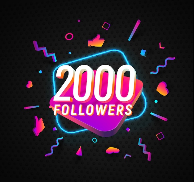 Two thousand followers celebration in social media vector web banner on dark background