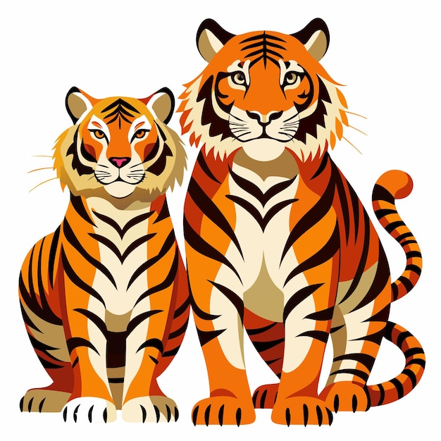 Two Tigers Sitting Side by Side with Orange and Black Stripes