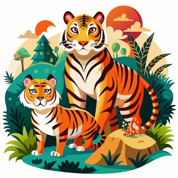 Two Tigers Standing in a Lush Green Forest