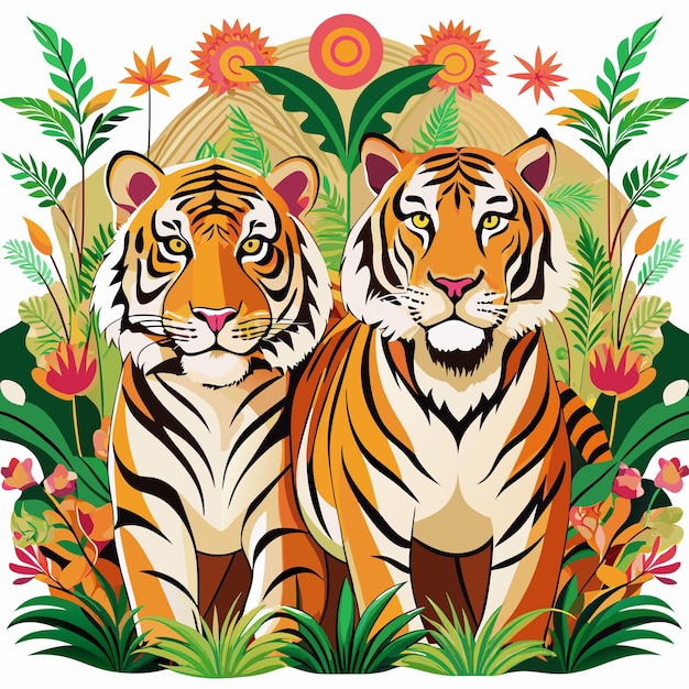 Two Tigers Standing in Lush Jungle Foliage