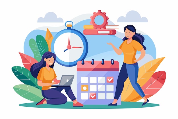 Two tiny women efficiently organize their schedules with a laptop and calendar in a lively environment Tiny women doing schedule management with calendar and big clock