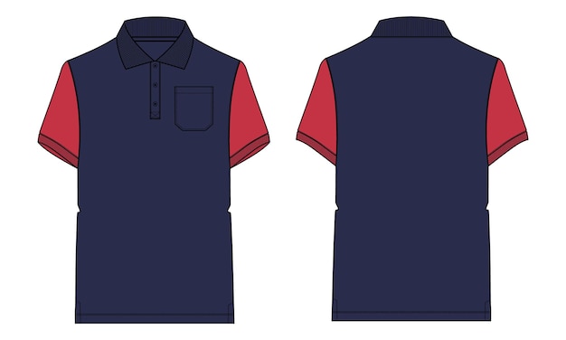 Two tone navy and red color Polo shirt Technical Fashion flat sketch vector illustration template