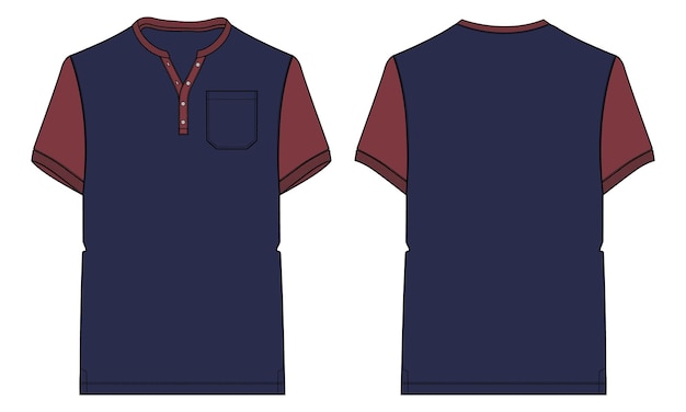 Two tone navy and red colors T shirt technical fashion flat sketch vector illustration template