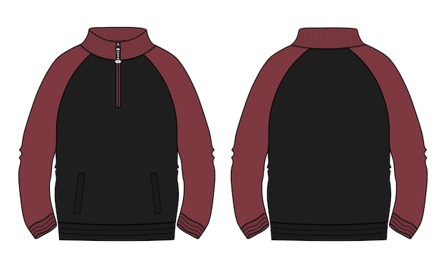 Two tone Red and black color Jacket Sweatshirt Technical flat sketch Vector illustration template