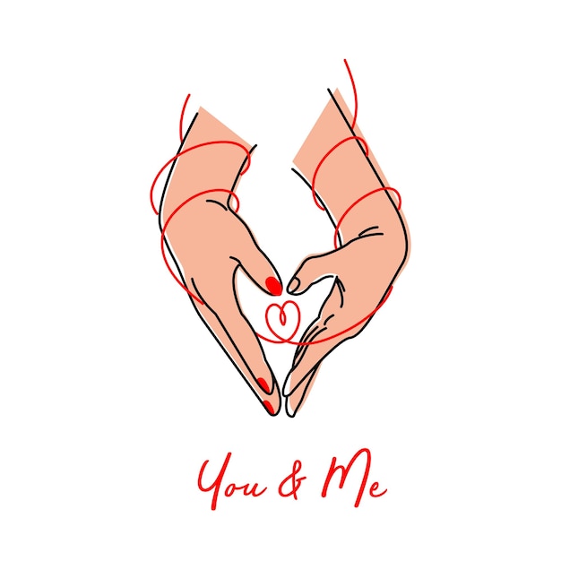 Two touching hands drawn in black contour lines with inscription on a white background