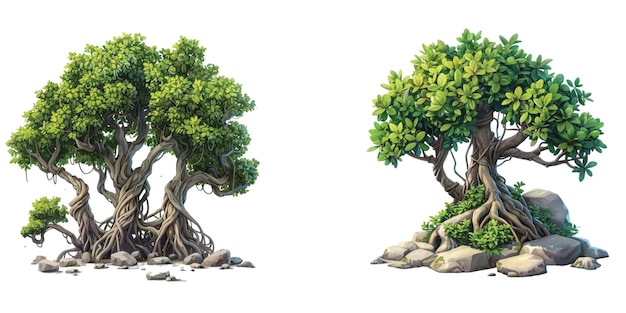 two trees with roots drawn on a white background