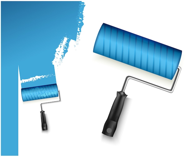 two vector illustration with paint roller big and small and painted marking blue color isolated on white