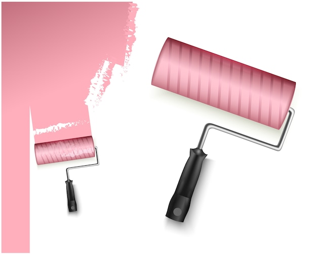 two vector illustration with paint roller big and small and painted marking colored pink isolated on white