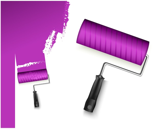 two vector illustration with paint roller big and small and painted marking purle color isolated on white