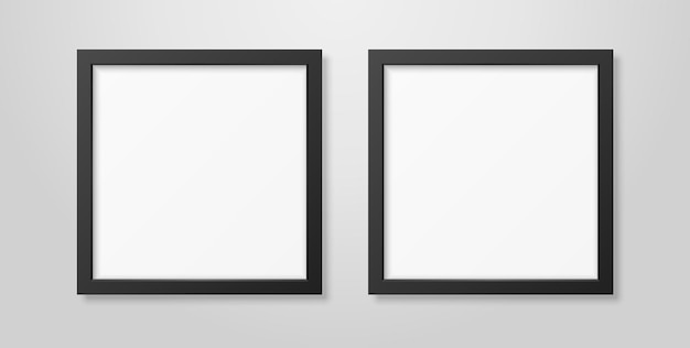 Two Vector Realistic Modern Interior Black Blank Square Wooden Poster Picture Frame Mockup Set Closeup on White Wall Empty Poster Frames Design Template for Mockup Presentation Image or text